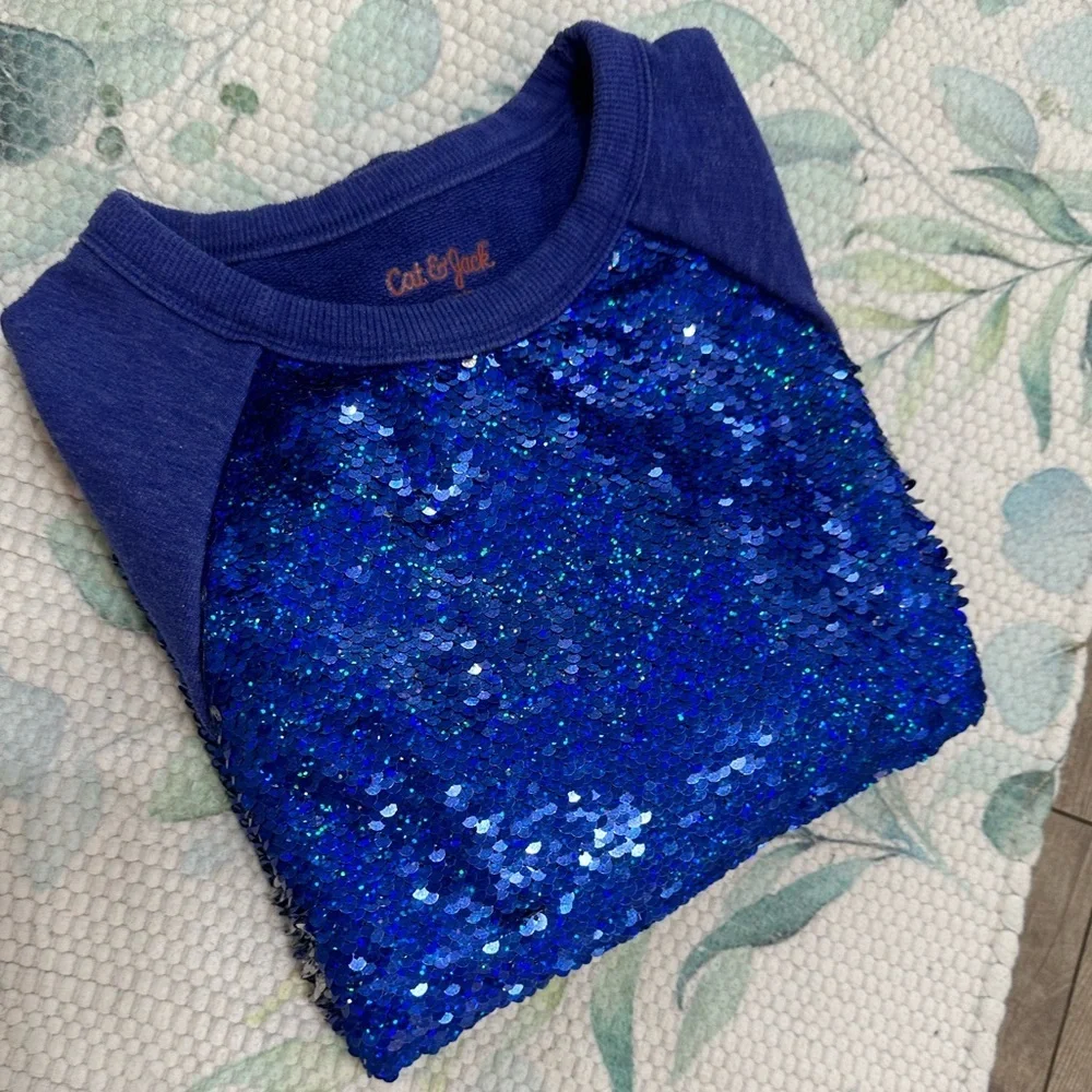 Cat & Jack Blue/Silver Sequin Girls Kids Sweatshirt Size Medium 7/8